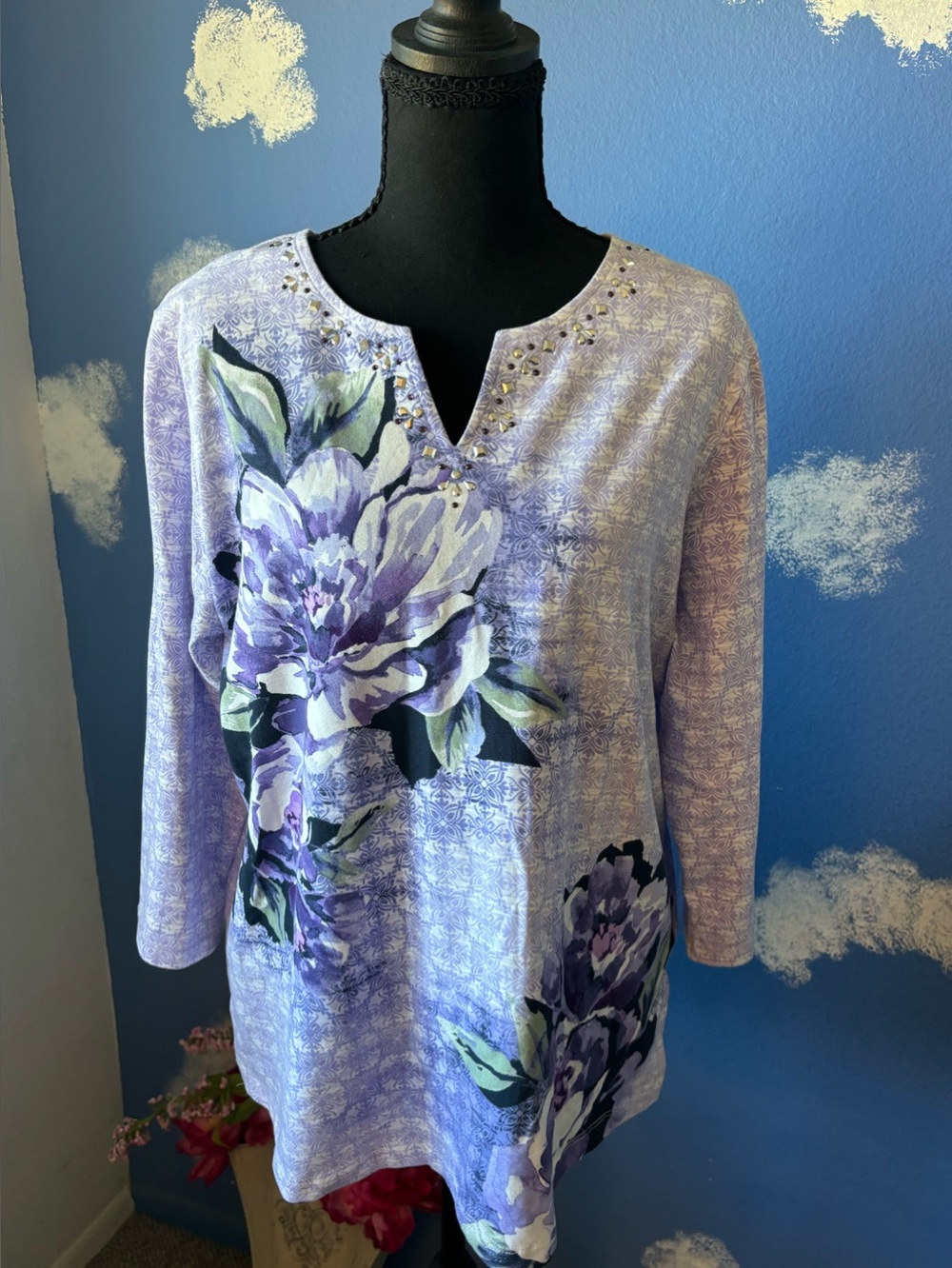 Alfred Dunner 3/4 Sleeve Purple Floral Top, Embellished Neckline, Medium, NWOT